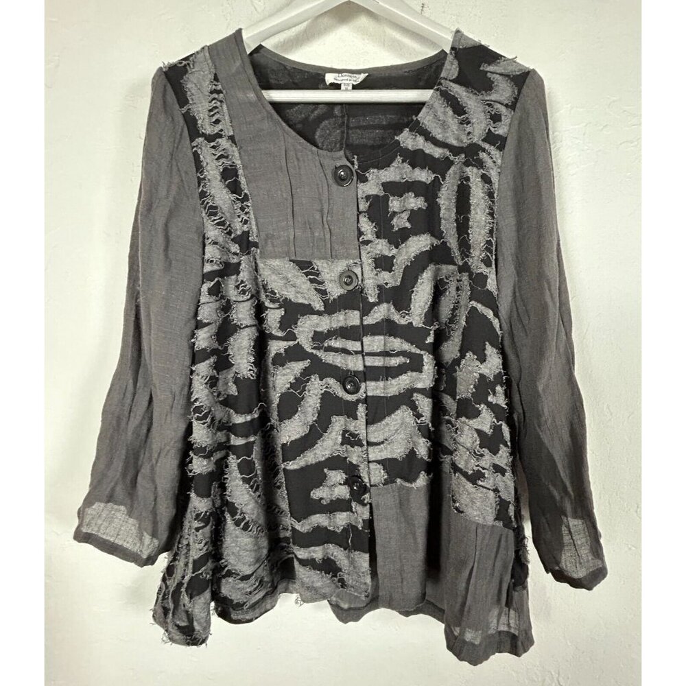 Dorman Women's Long Sleeve Blouse Sheer Fringe Textured Patchwork Gray Sz Medium